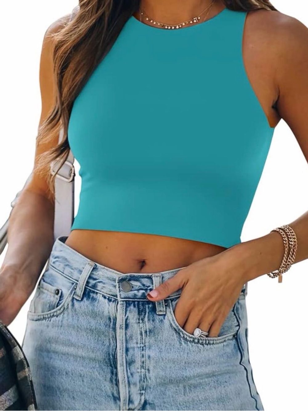Turquoise Double Lined High Neck Cropped Tank Top Sleeveless